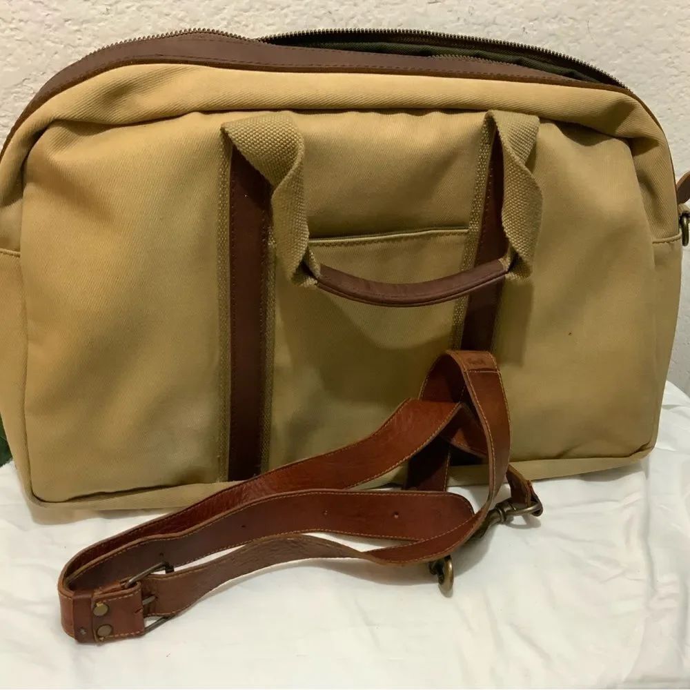 LL BEAN KHAKI CANVAS BROWN LEATHER 18" OVERNIGHT DUFFLE/SHOULDER BAG / C…